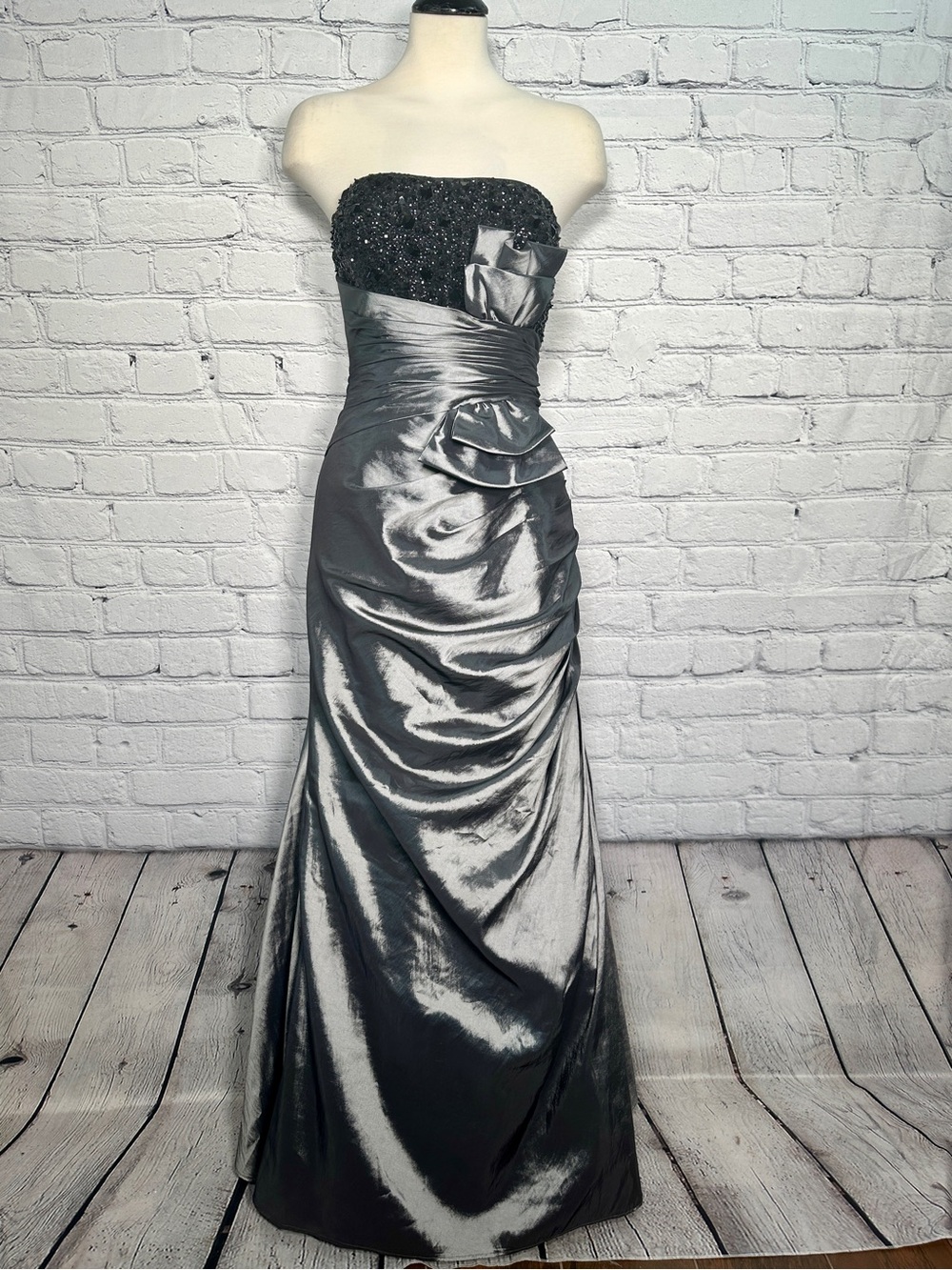 Maggie Sottero Strapless Metallic Silver-Black Lace-Up Gown